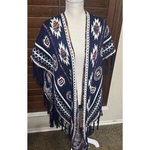 Hipster Row Tribal Aztec Sleeveless Poncho OS Navy Blue Southwest Sweater Boho